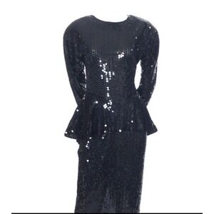 Vintage 80s Oleg Cassini Black Sequin Bodycon Peplum Dress S